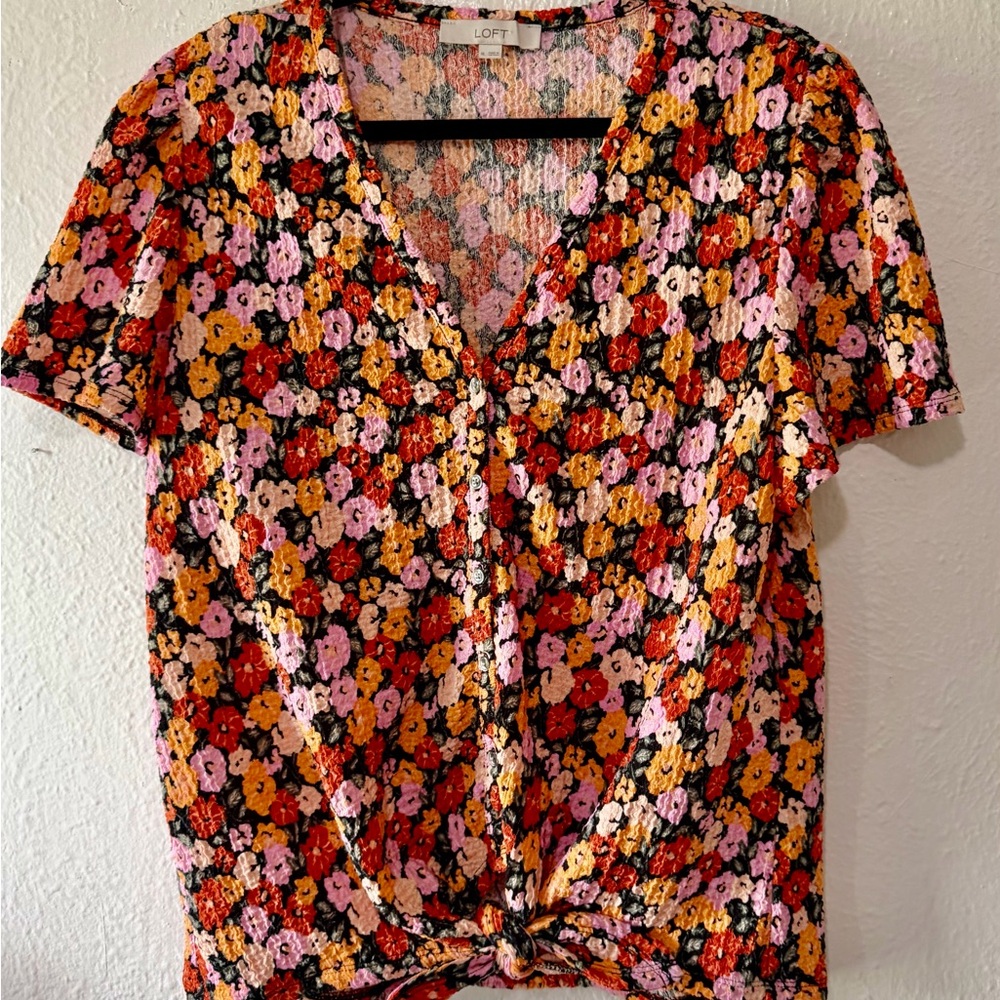 LOFT Floral V-Neck Short Sleeve Knot Front Top in Black, Red, Pink & Yellow